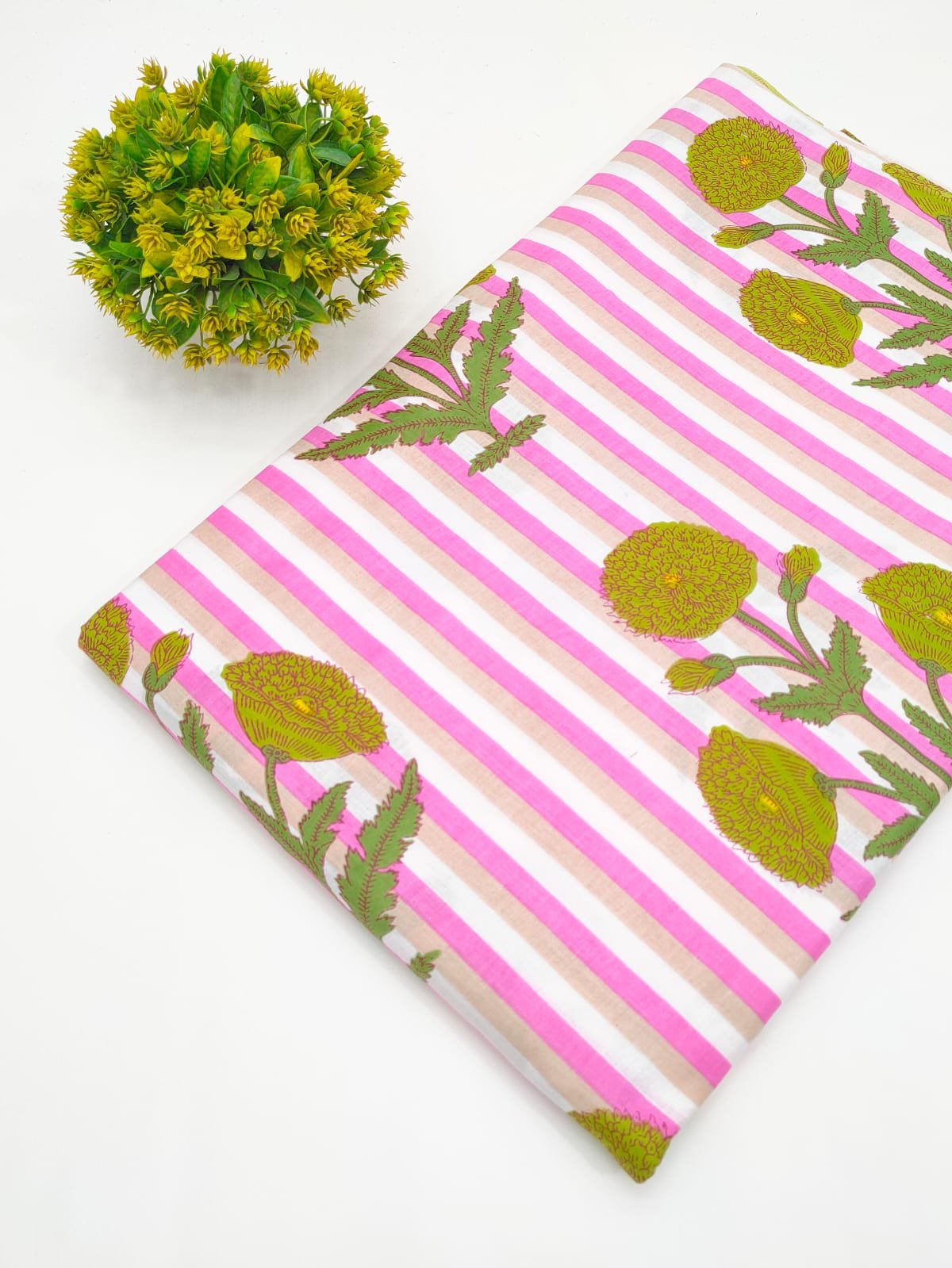 Pink and White Striped Floral Screen Print Pure Cotton Fabric