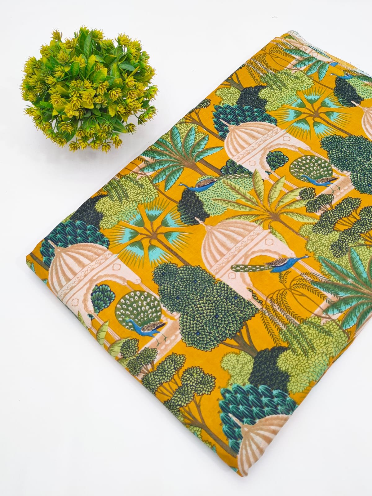 Mustard Jungle Motif Screen Print Pure Cotton Fabric