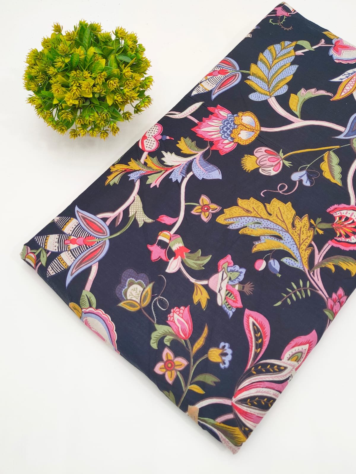 Navy Floral Screen Print Pure Cotton Fabric