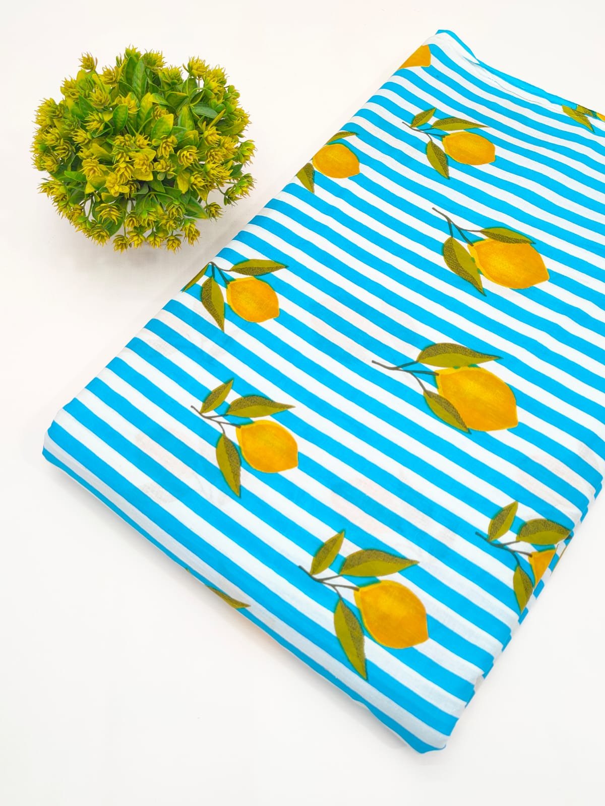 Sky Blue Lemon Stripe Screen Print Pure Cotton Fabric