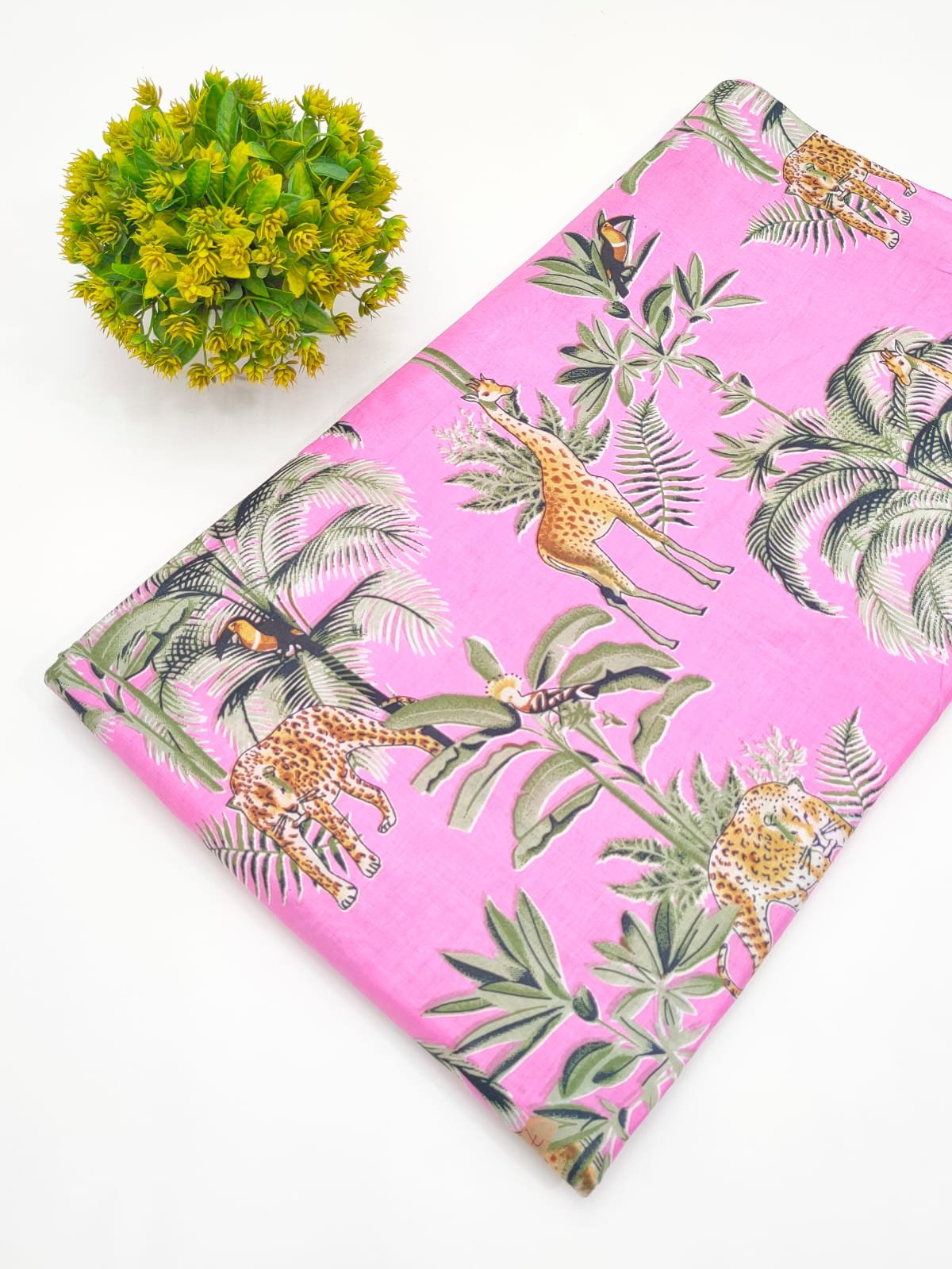 Pink Tropical Animal Print Screen Print Pure Cotton Fabric