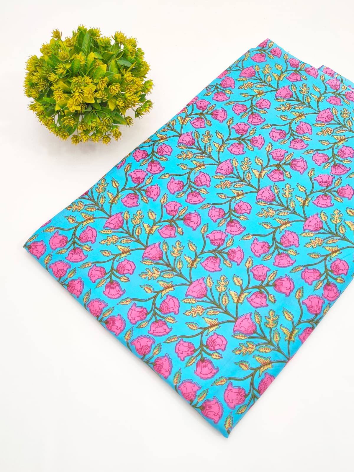 Turquoise Pink Floral Screen Print Pure Cotton Fabric