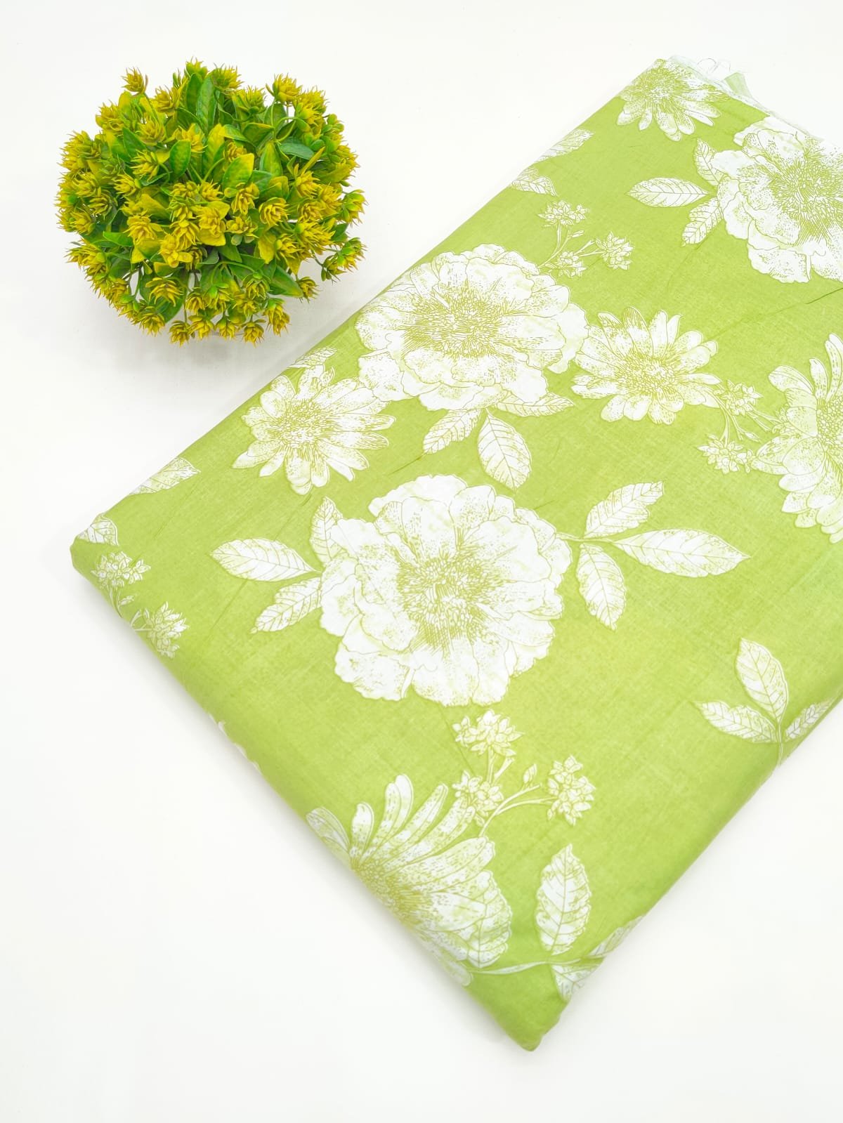 Light Green White Floral Screen Print Pure Cotton Fabric
