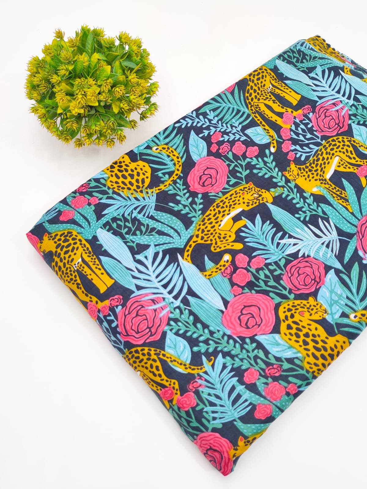 Navy Jungle Animal Screen Print Pure Cotton Fabric