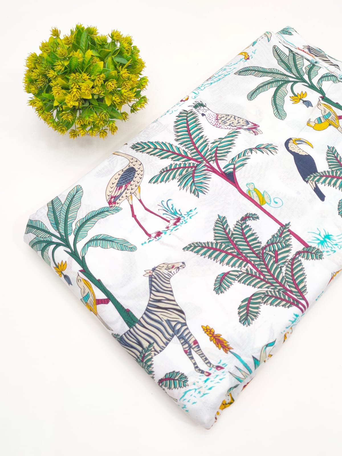 White Tropical Animal Screen Print Pure Cotton Fabric