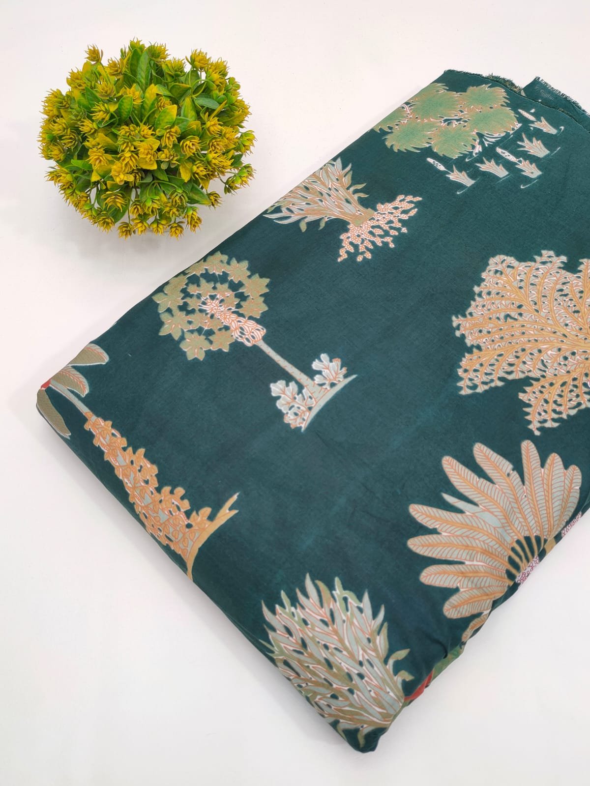 Teal Botanical Screen Print Pure Cotton Fabric