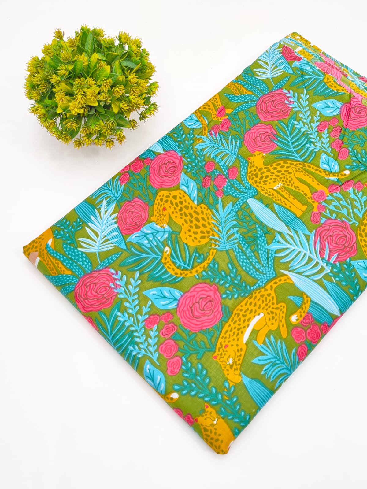 Olive Green Leopard Botanical Screen Print Pure Cotton Fabric