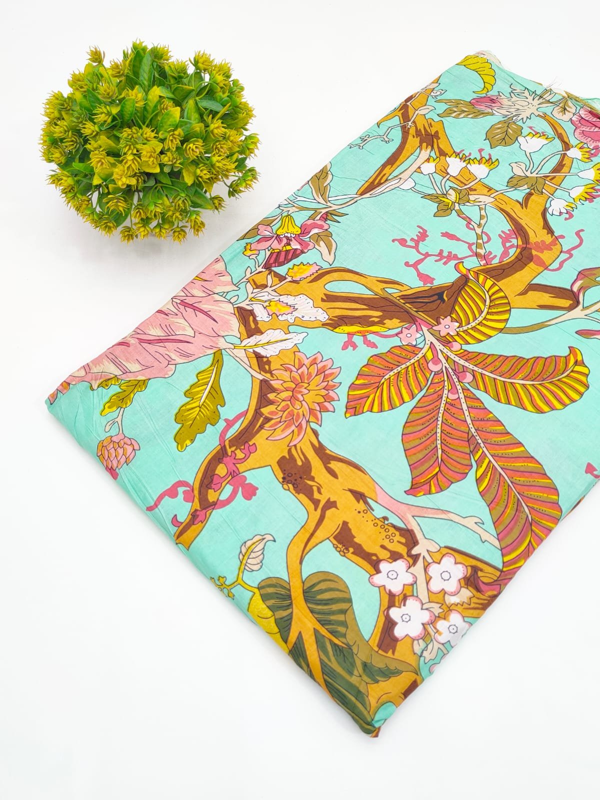 Mint Green Floral Screen Print Pure Cotton Fabric