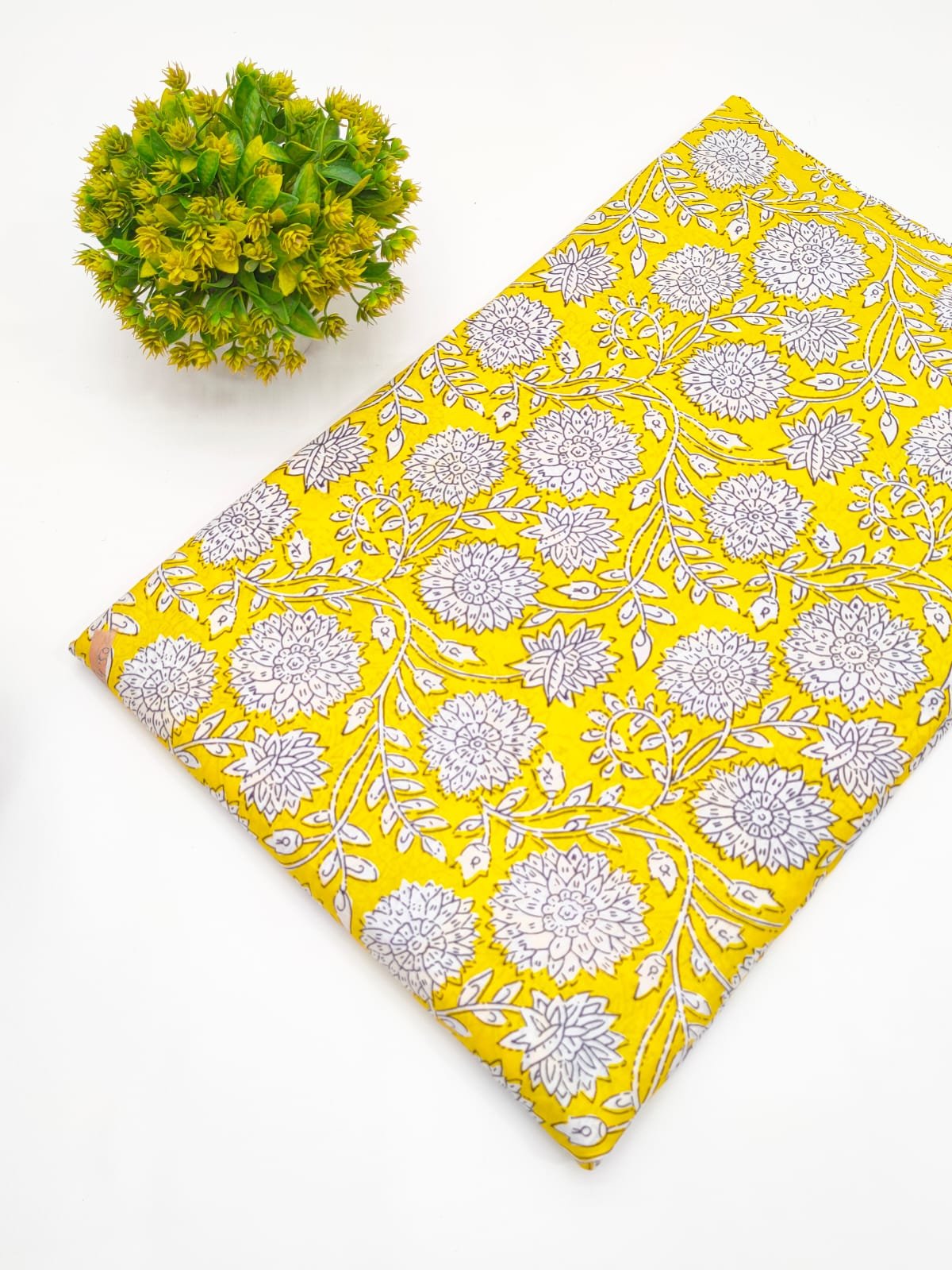 Yellow Floral Screen Print Pure Cotton Fabric
