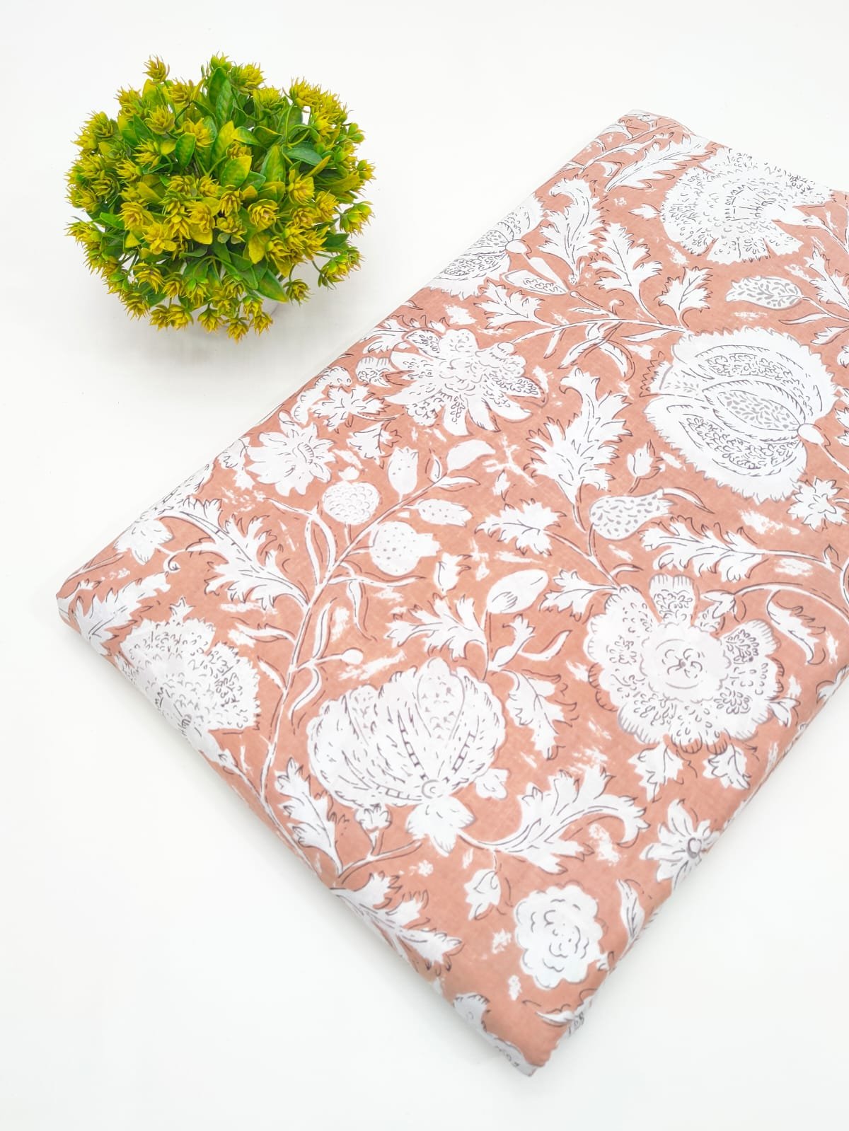 Peach Floral Screen Print Pure Cotton Fabric