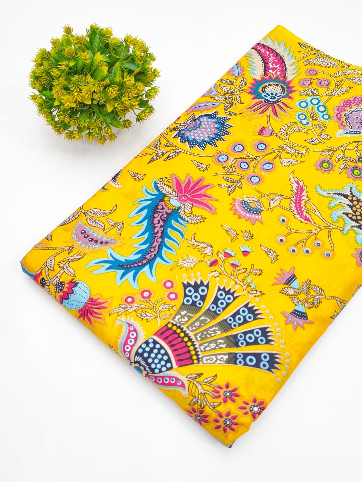 Yellow Peacock Motif Screen Print Pure Cotton Fabric