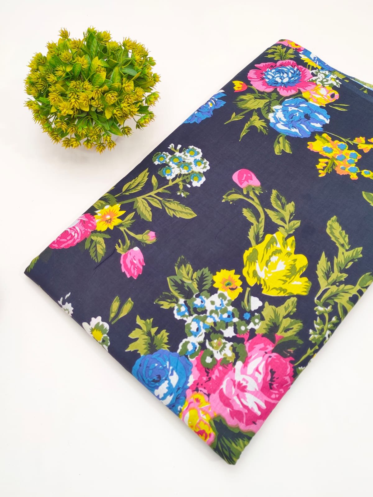 Navy Floral Screen Print Pure Cotton Fabric