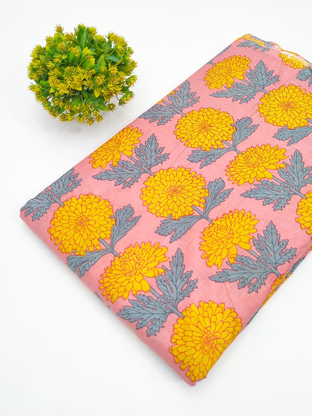 Pink Marigold Floral Screen Print Pure Cotton Fabric