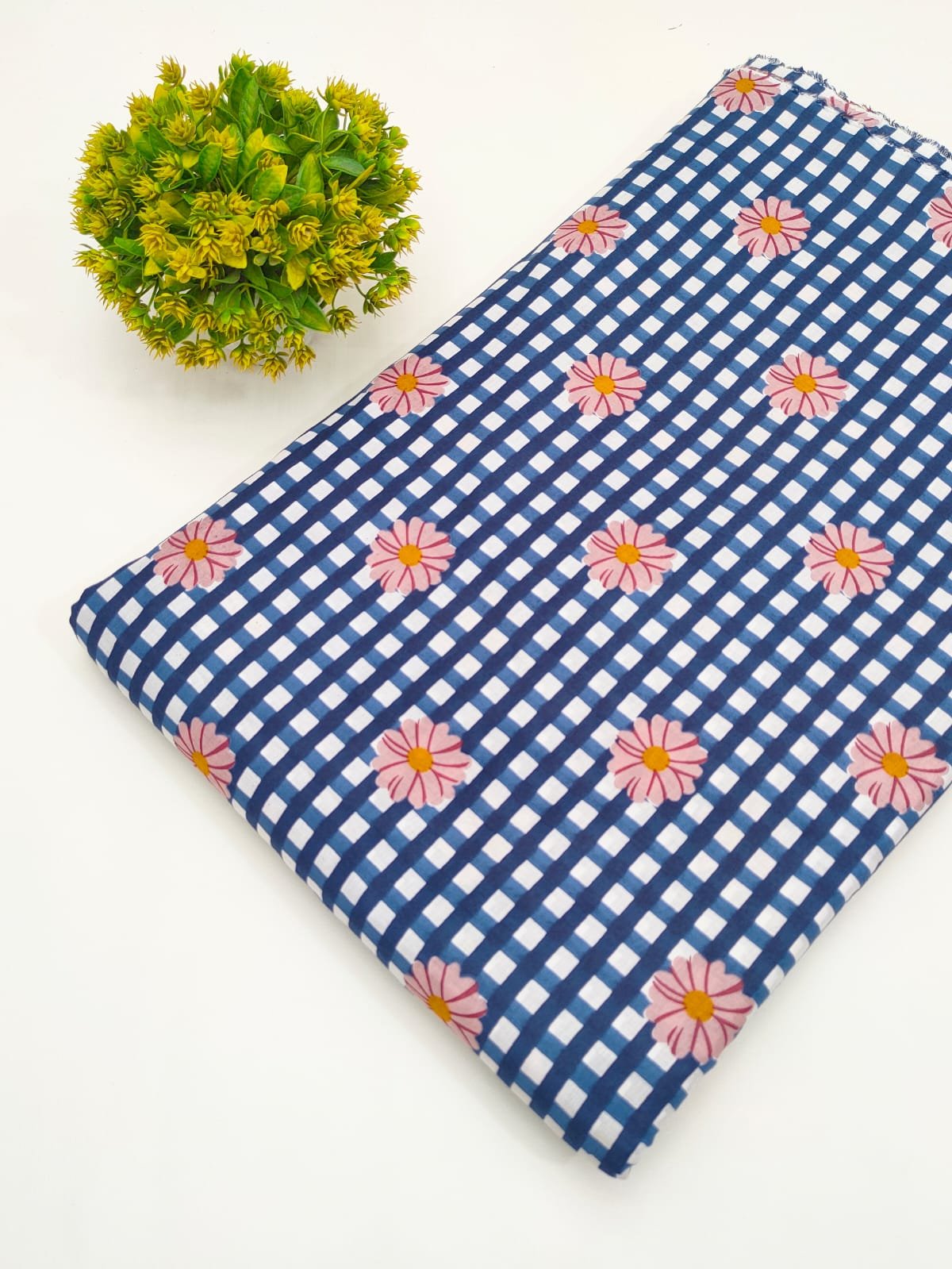 Navy Blue Floral Checkered Screen Print Pure Cotton Fabric