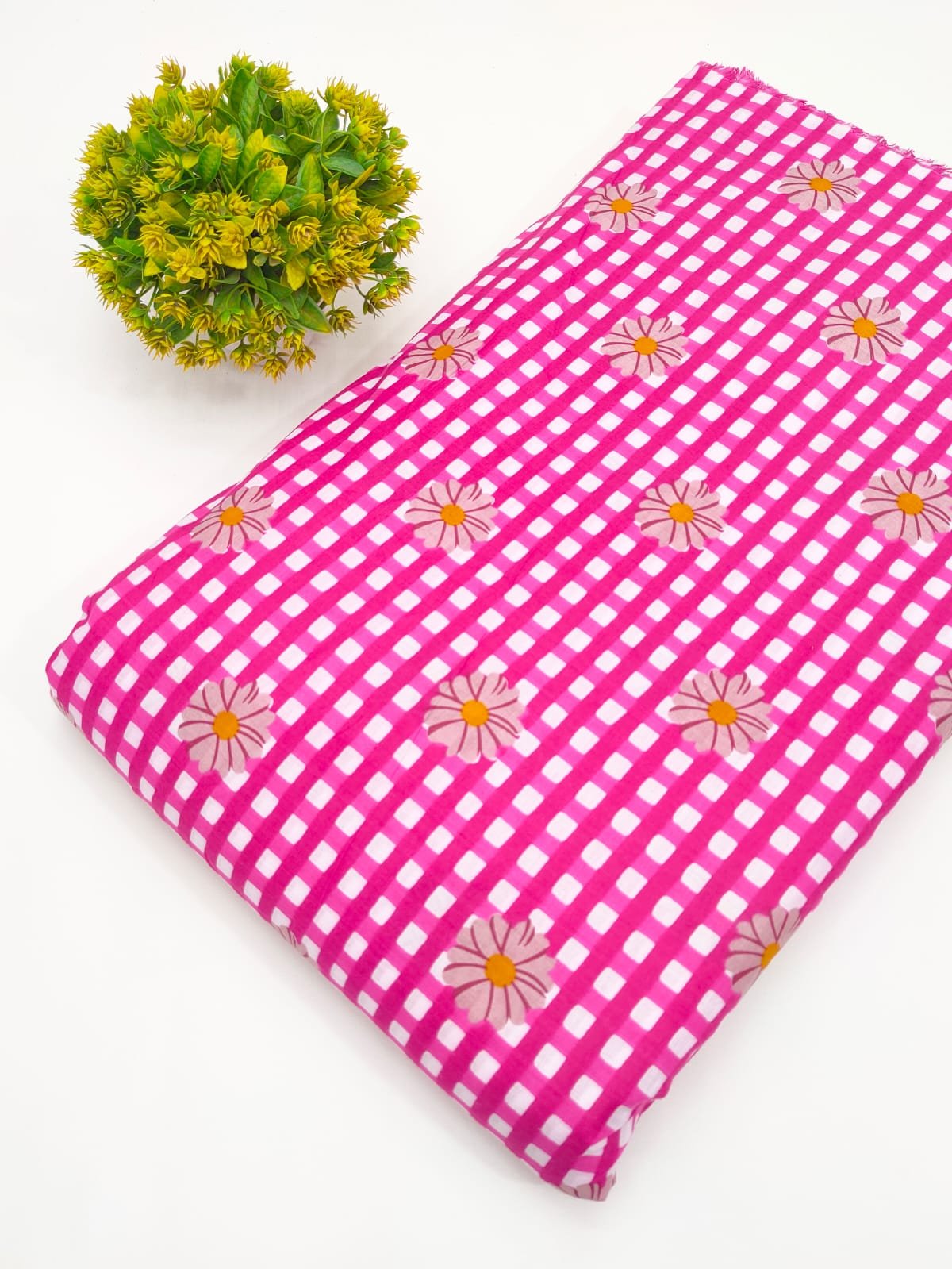 Pink Checked Floral Screen Print Pure Cotton Fabric