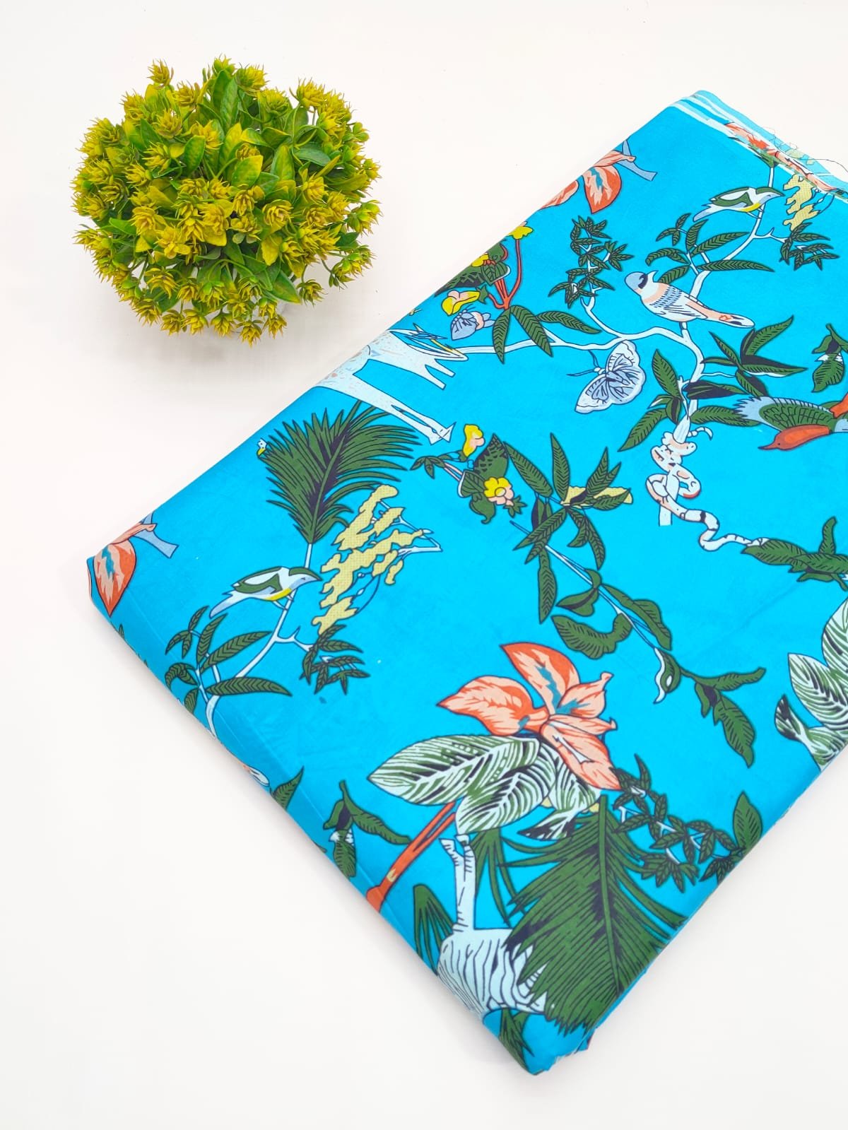 Turquoise Tropical Leaf Screen Print Pure Cotton Fabric