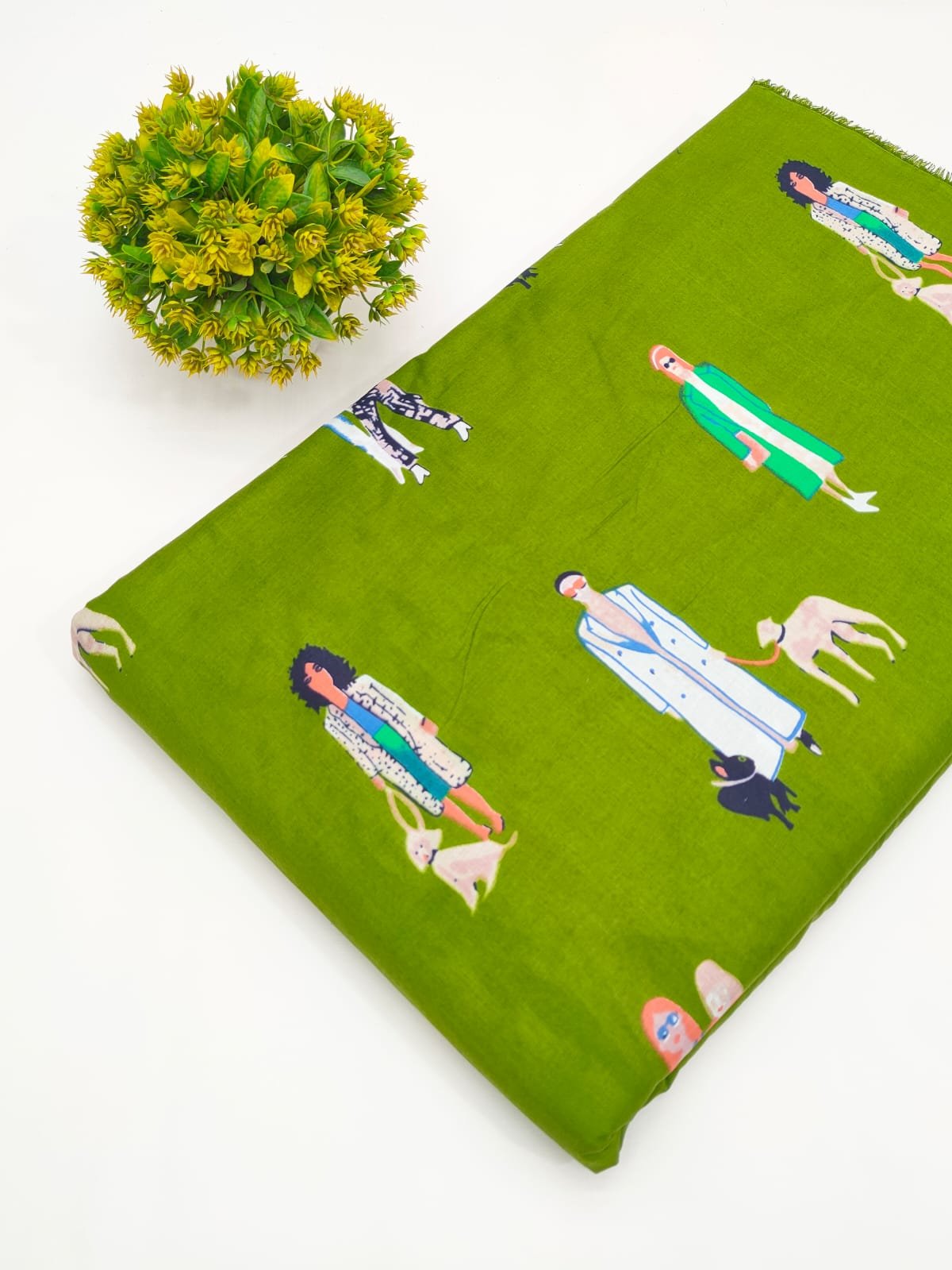Olive Green Figurative Screen Print Pure Cotton Fabric