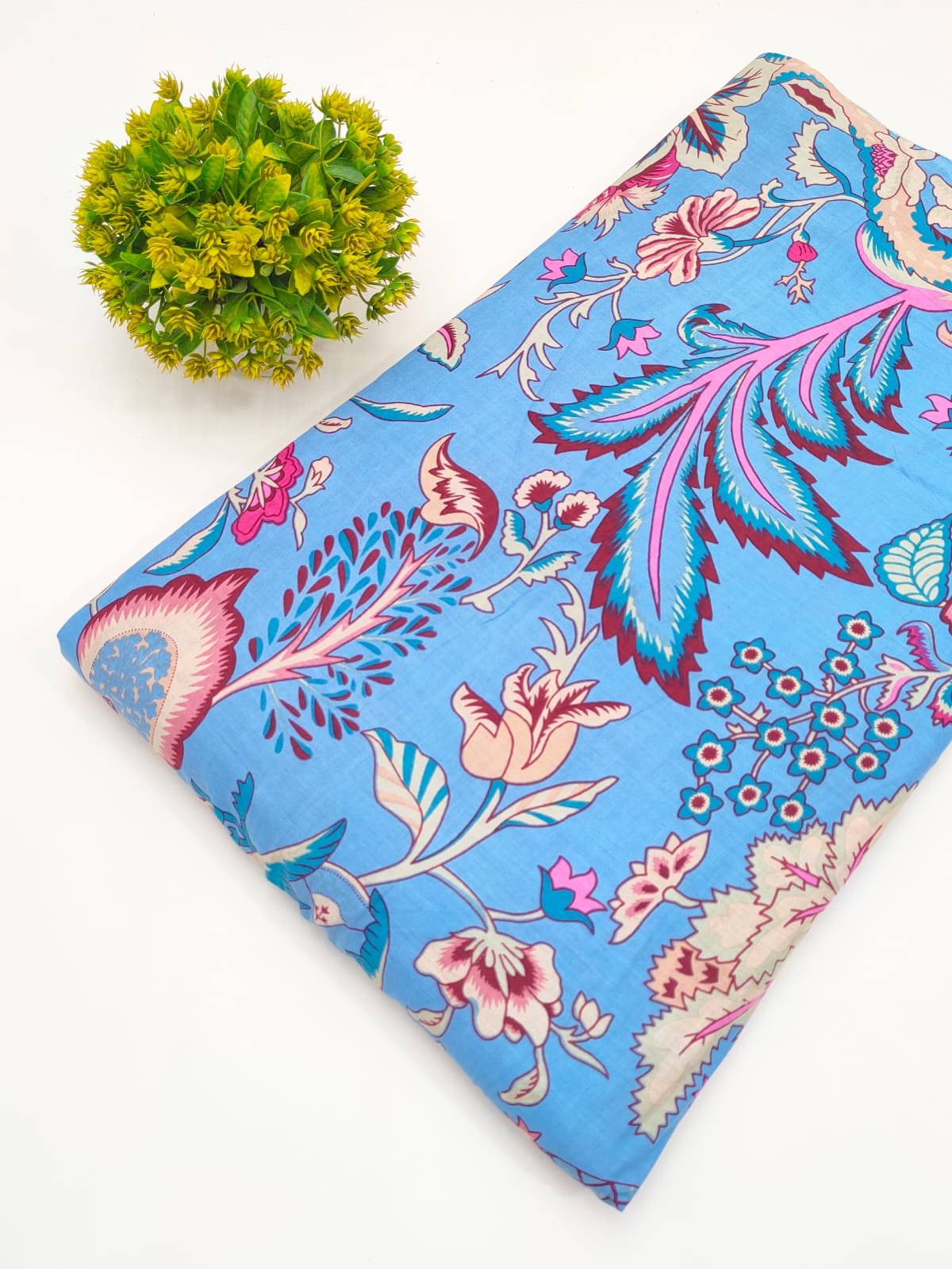 Sky Blue Floral Screen Print Pure Cotton Fabric