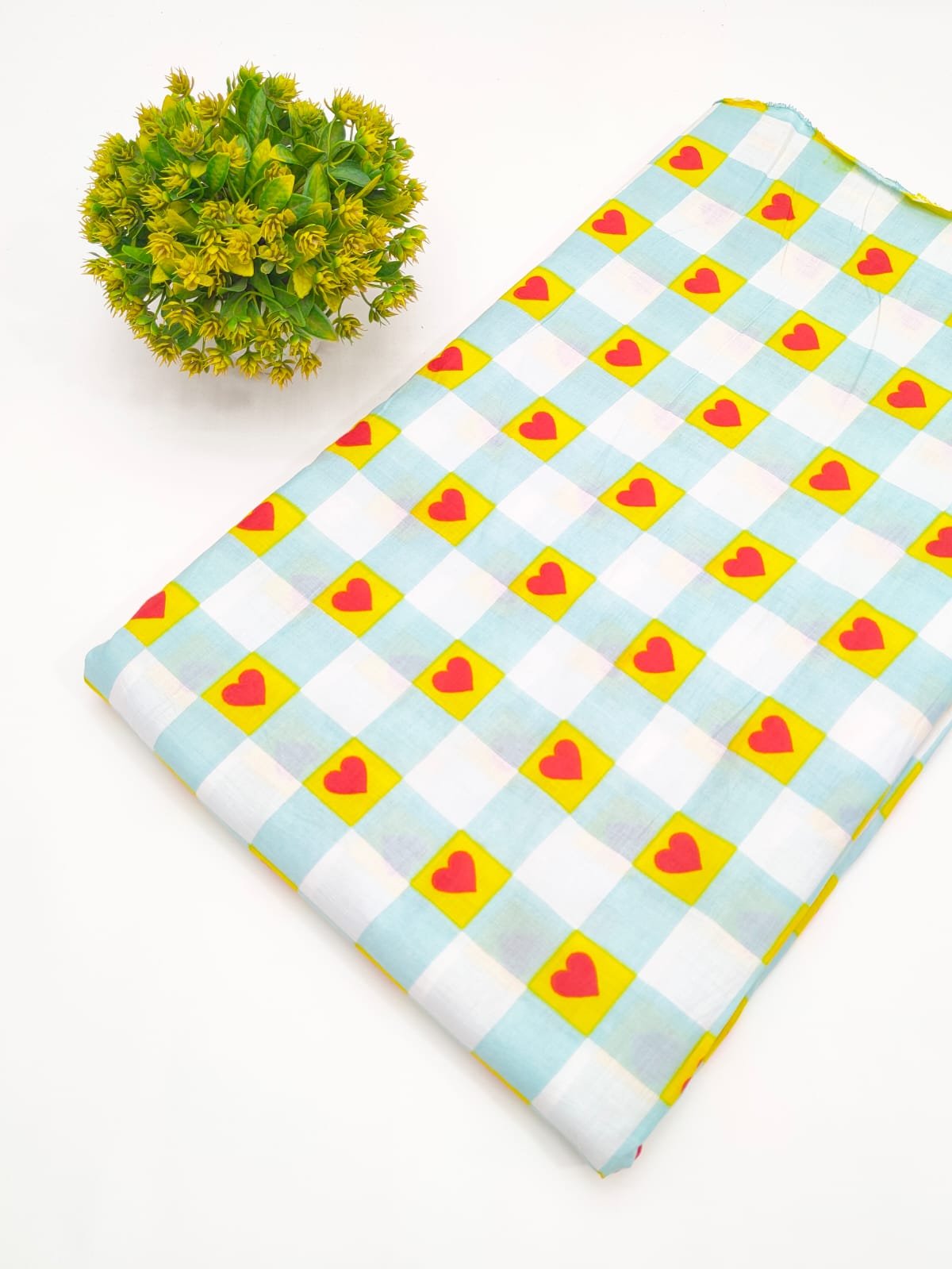 White Checkered Heart Screen Print Pure Cotton Fabric