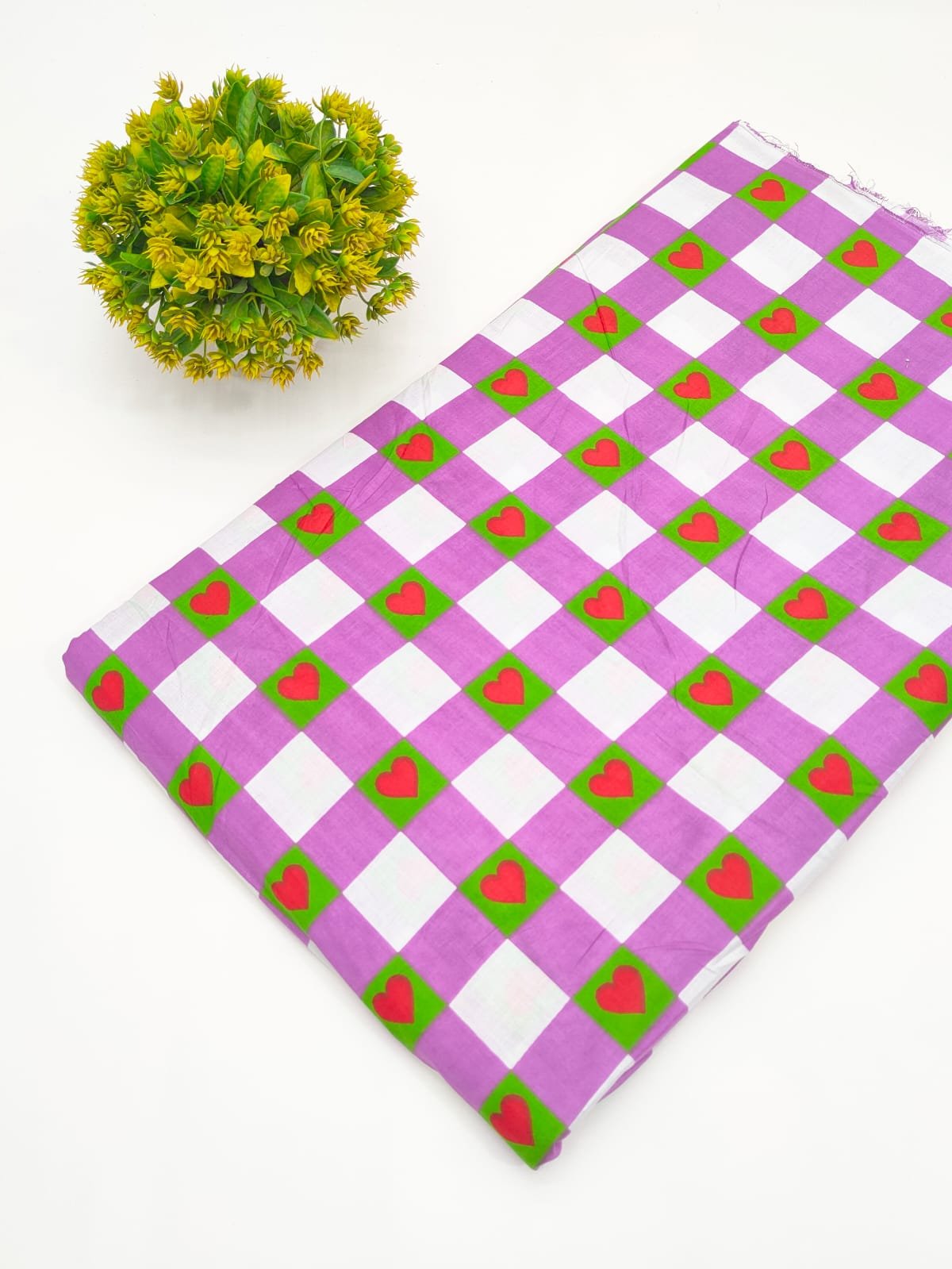 Violet Checkered Screen Print Pure Cotton Fabric