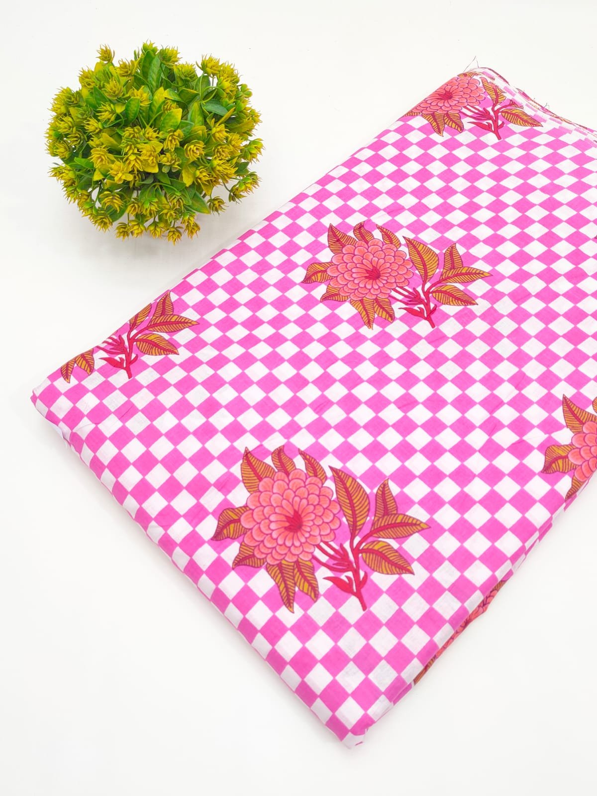 Pink Checkered Floral Screen Print Pure Cotton Fabric