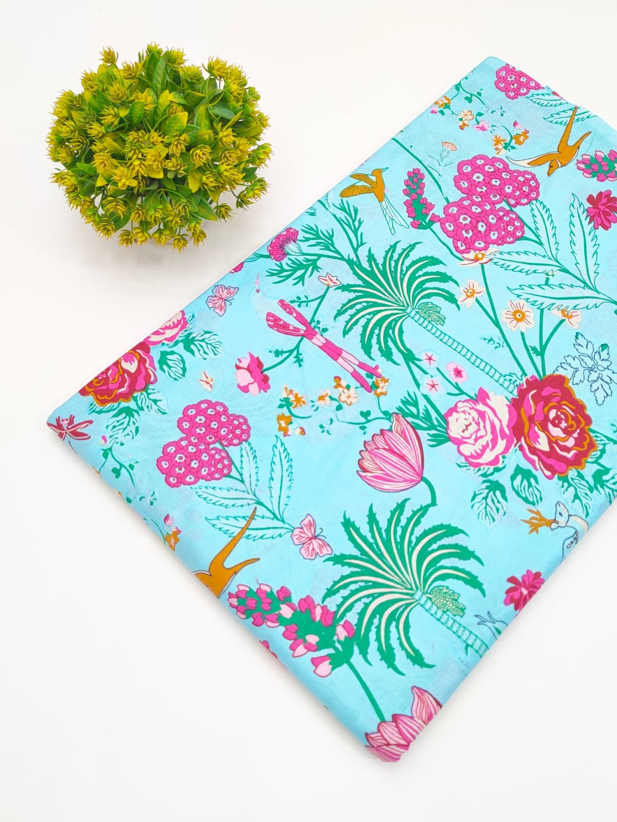 Light Blue Tropical Floral Screen Print Pure Cotton Fabric