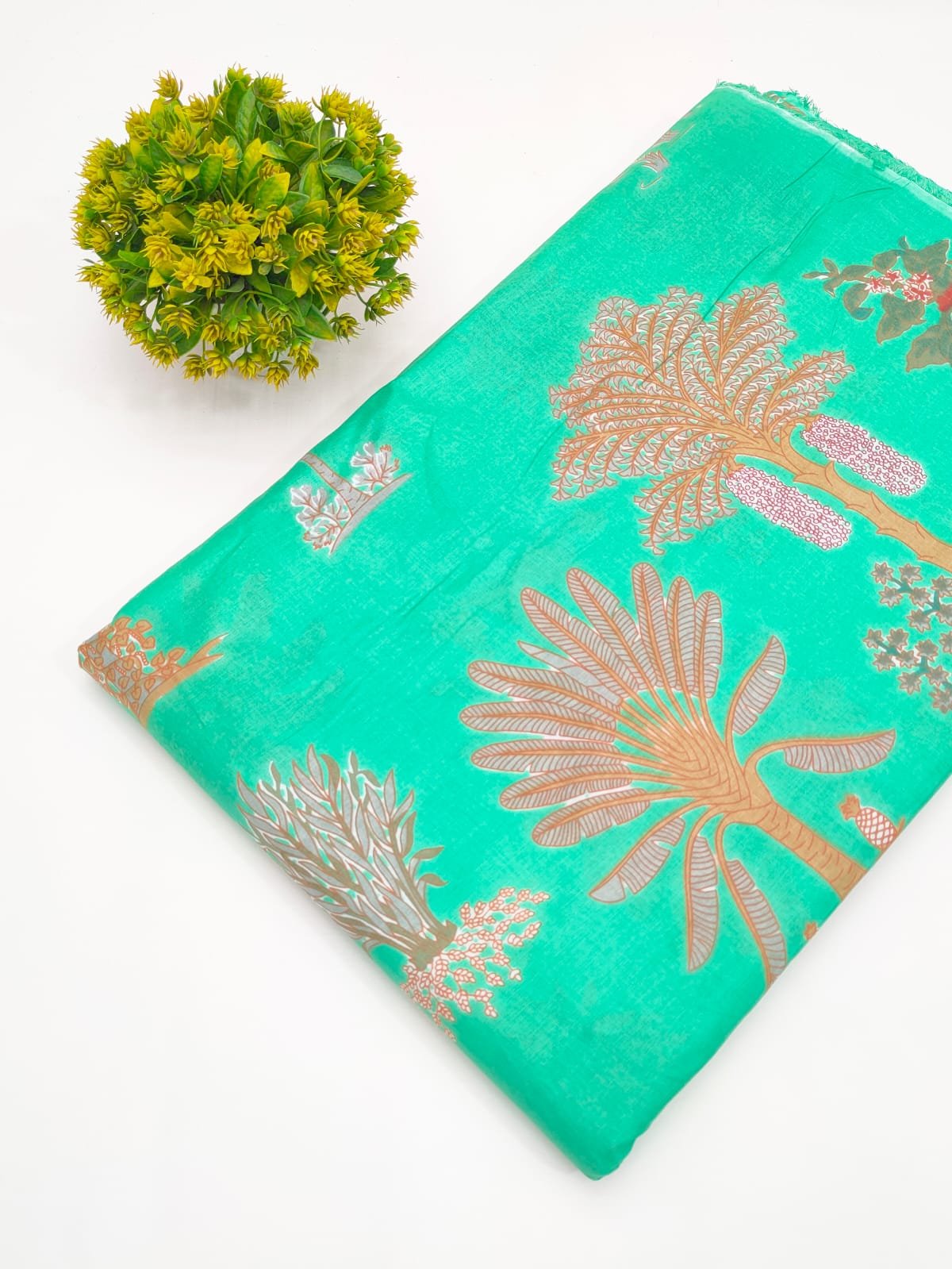 Turquoise Tropical Leaf Screen Print Pure Cotton Fabric