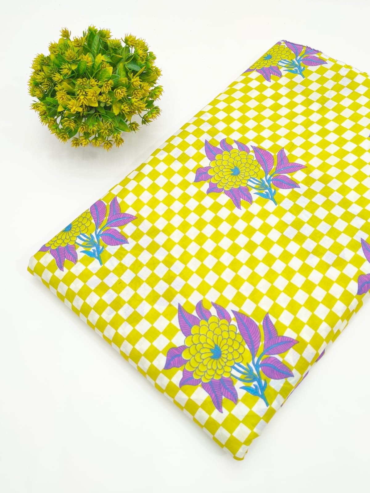 Yellow Checkered Floral Screen Print Pure Cotton Fabric