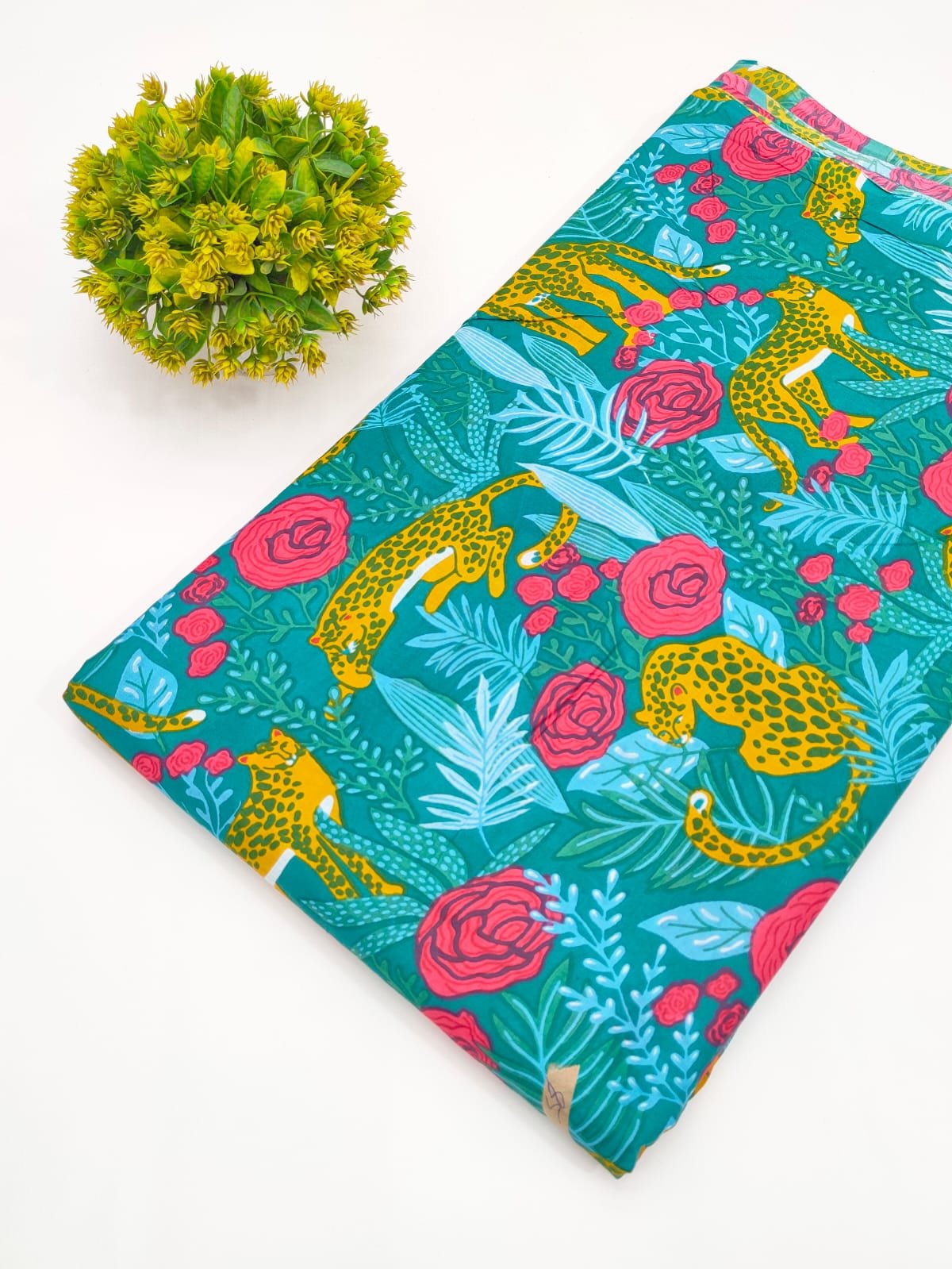 Teal Jungle Animal Screen Print Pure Cotton Fabric
