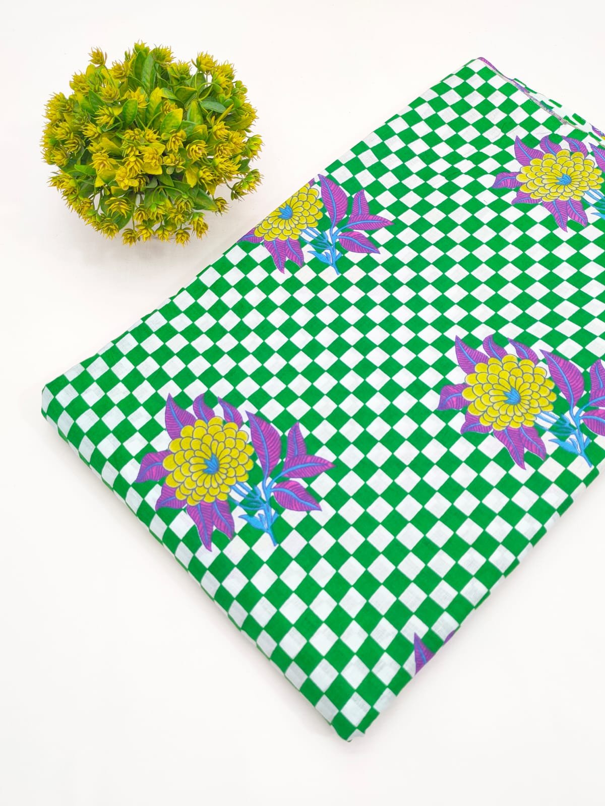 Green Checker Floral Screen Print Pure Cotton Fabric