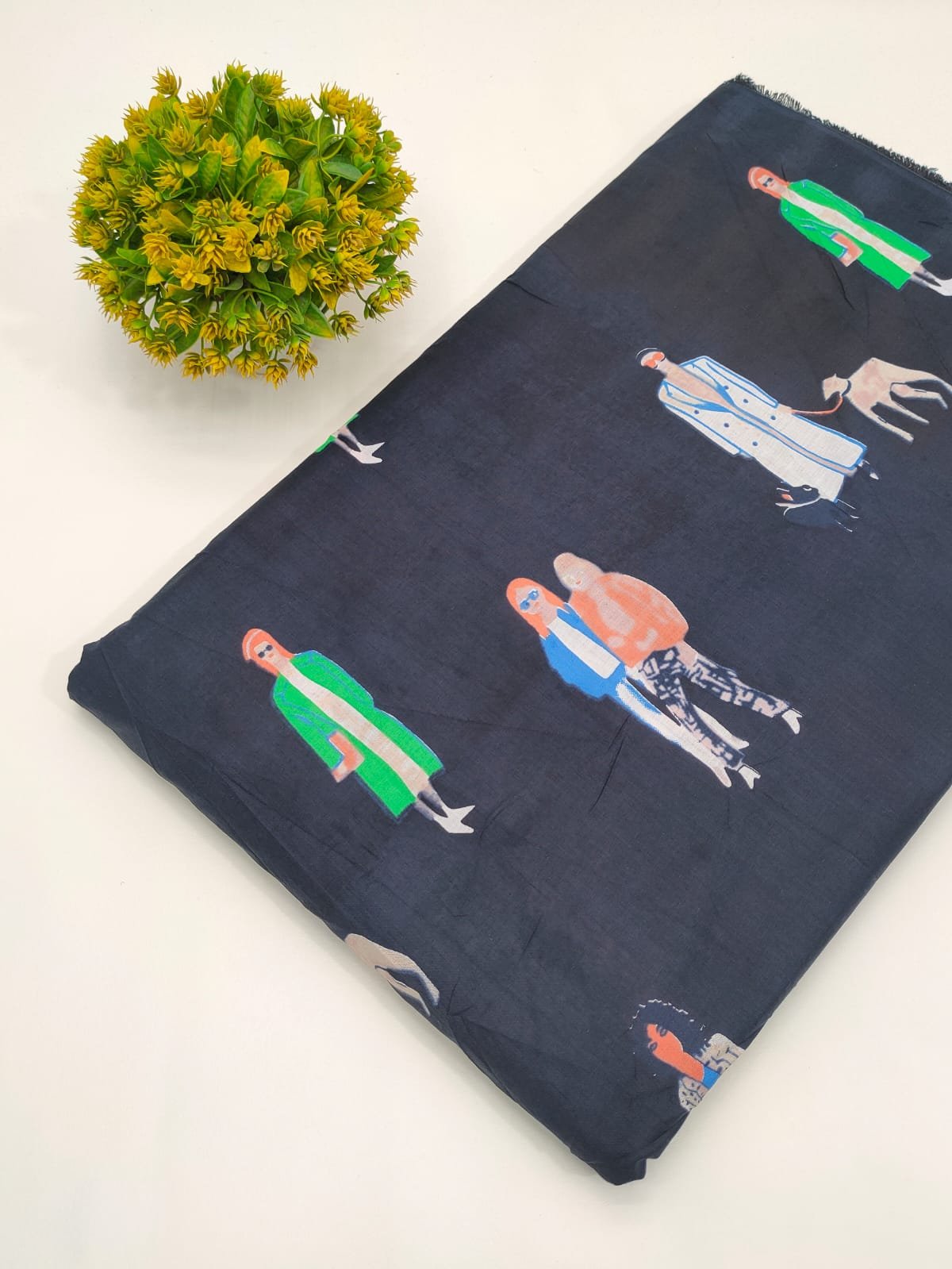 Navy Figurative Screen Print Pure Cotton Fabric