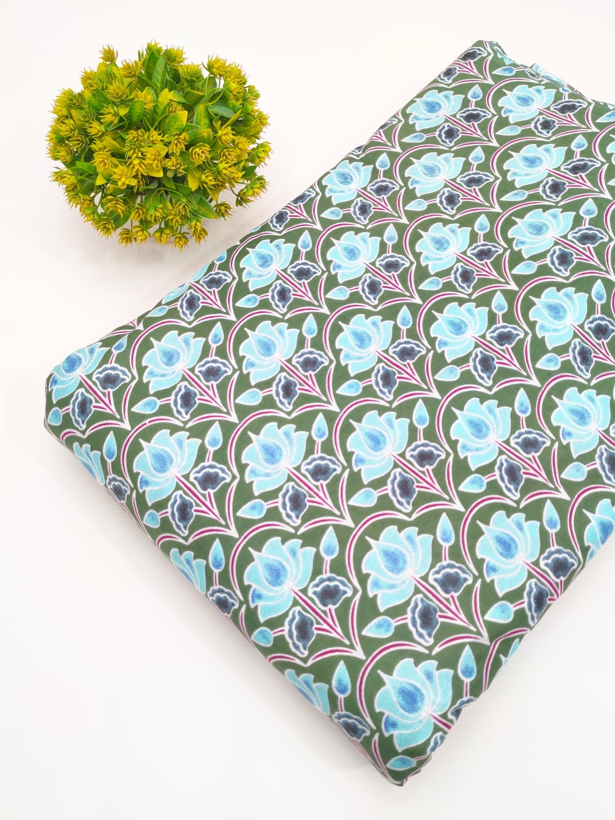 Green Floral Screen Print Pure Cotton Fabric