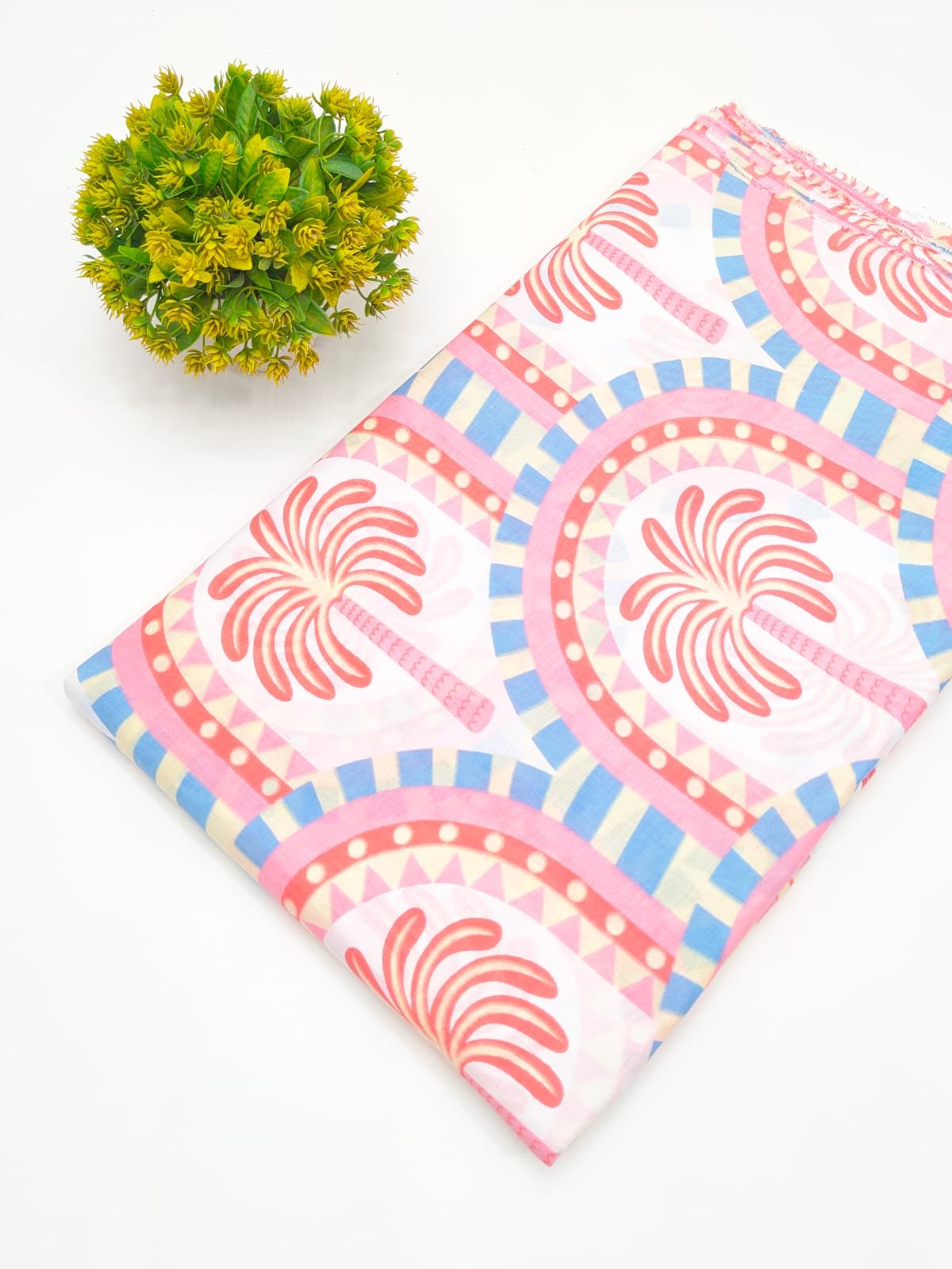 Pink Geometric Screen Print Pure Cotton Fabric