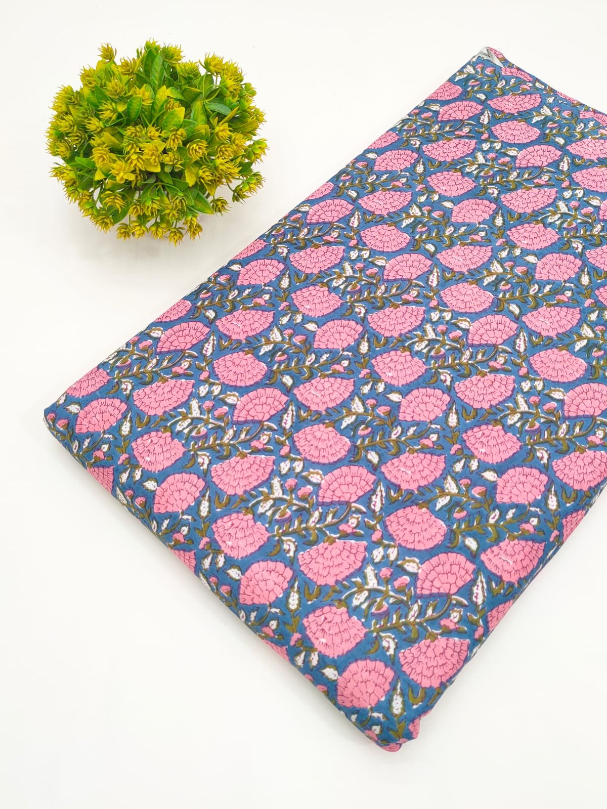 Navy Floral Screen Printed Pure Cotton Fabric