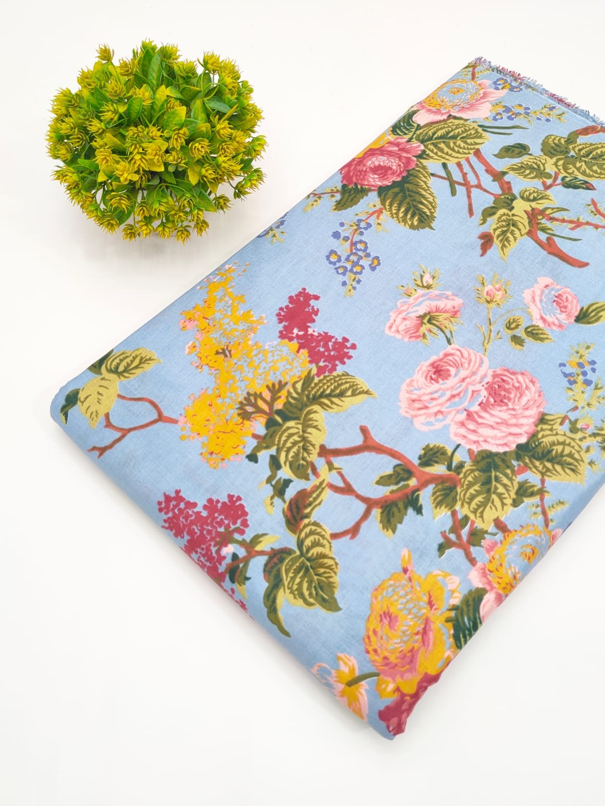Sky Blue Floral Screen Print Pure Cotton Fabric