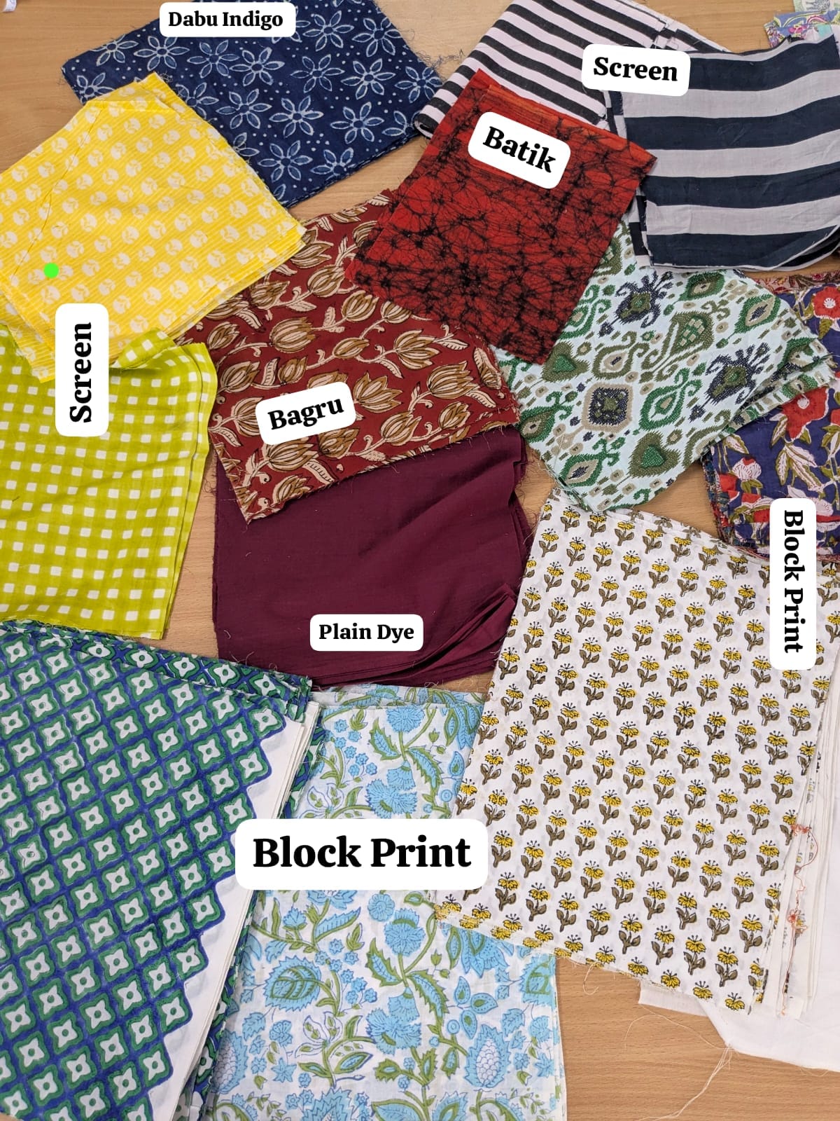 Sample of 5-9 Cotton Fabrics ( 20x20 cm each ) includes - Hand Block, Screen Print, Dabu Indigo, Bagru and Batik