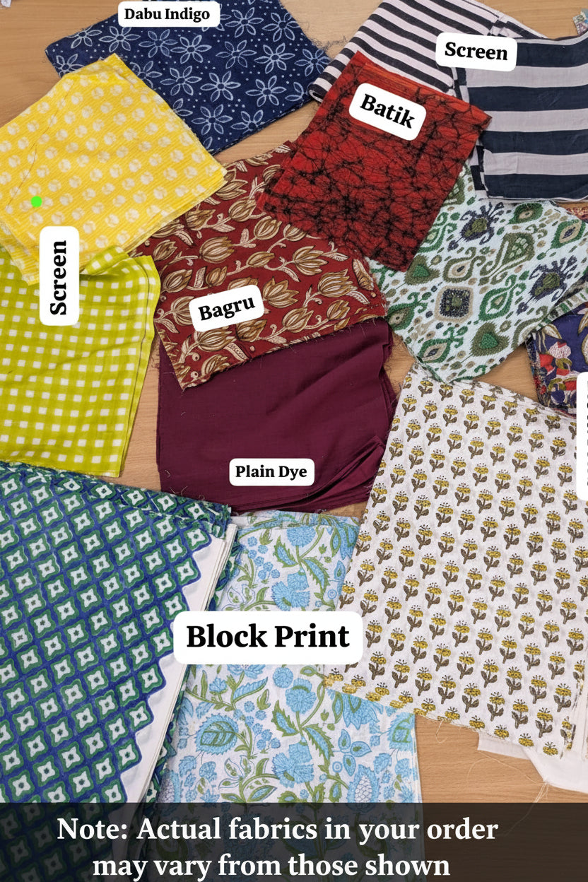 Sample of 5-9 Cotton Fabrics ( 20x20 cm each ) includes - Hand Block, Screen Print, Dabu Indigo, Bagru and Batik