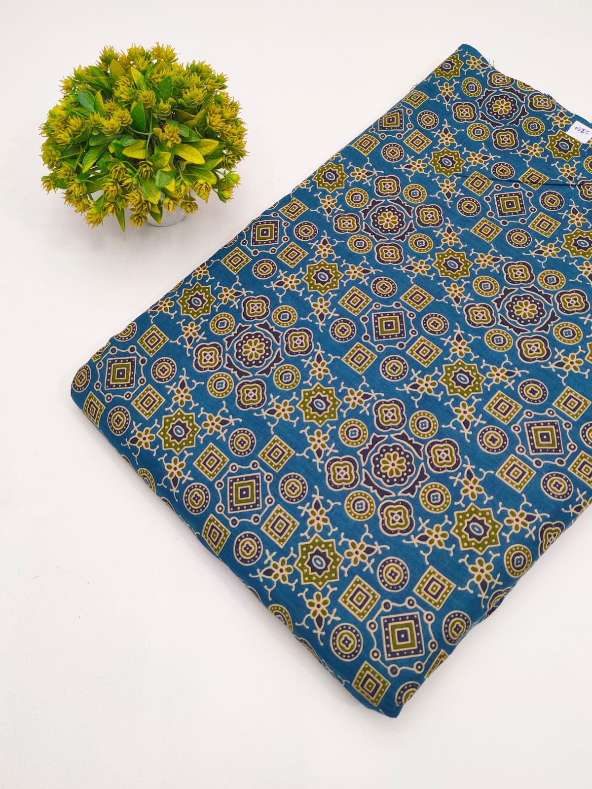 Teal Blue Geometric Booti Screen Print Pure Cotton Fabric - JBRGFD49