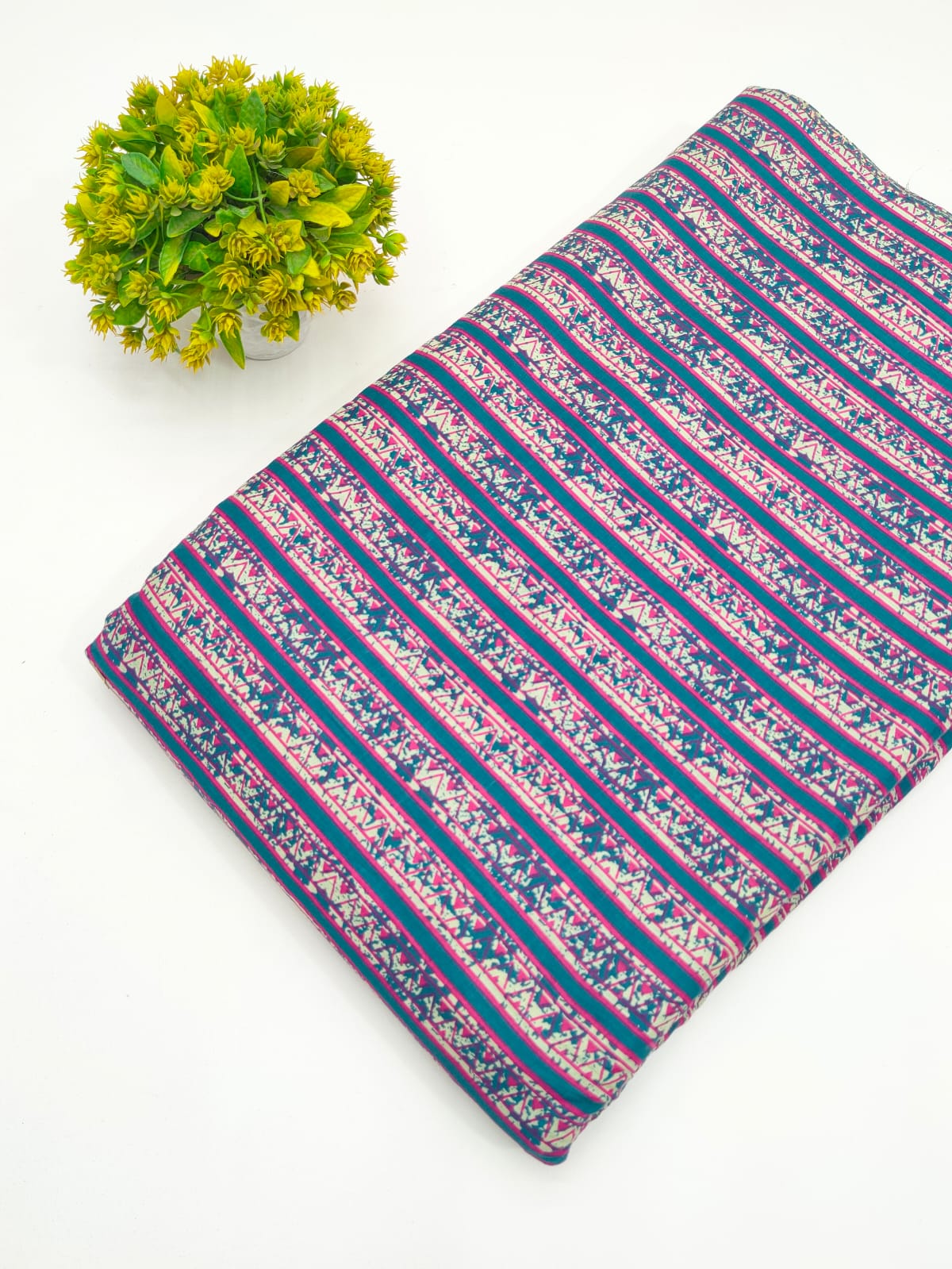 Teal Blue Striped Geometric Screen Print Pure Cotton Fabric - JBRGFD58