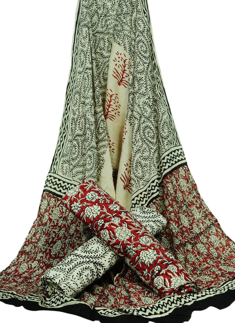 Hand Block Printed Pure Cotton Unstitched Suit With Chiffon Dupatta - JBGC63