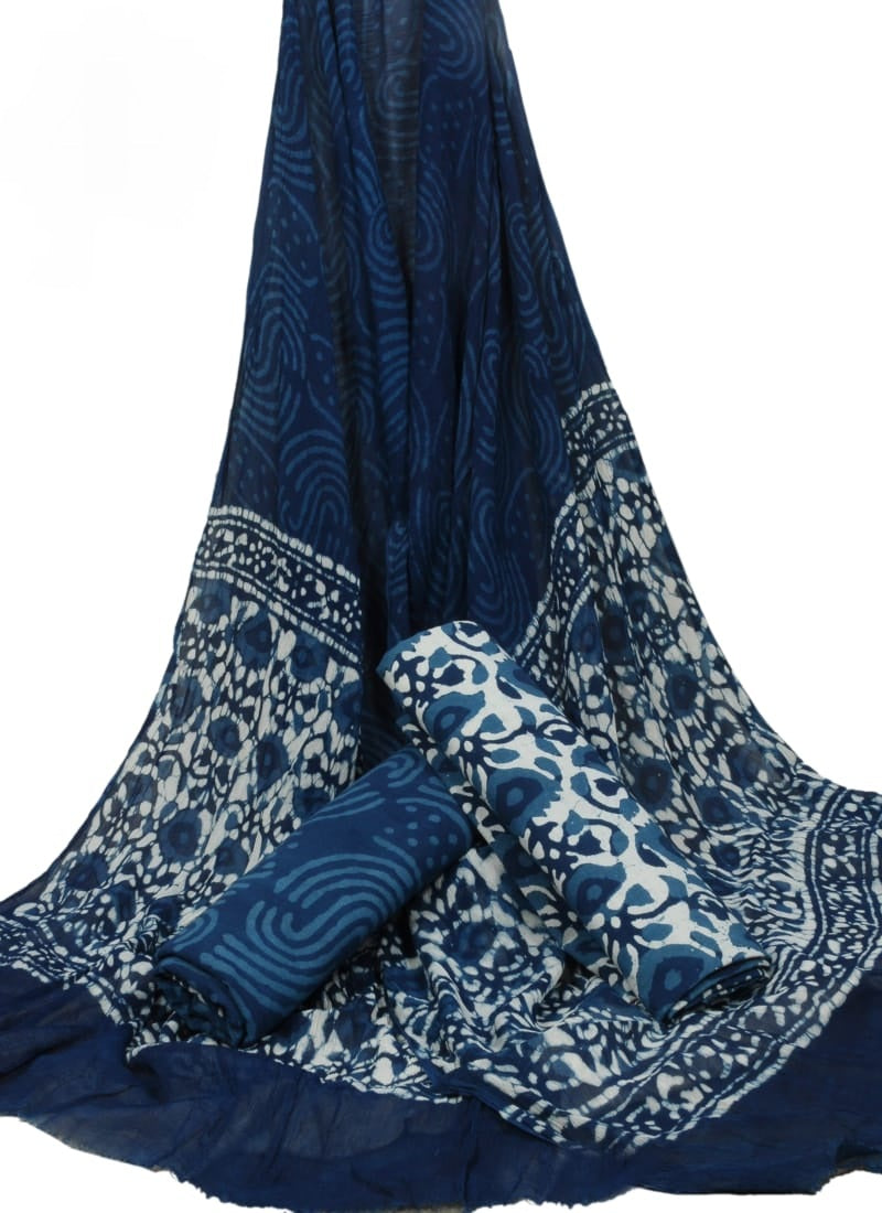 Indigo Blue Floral Print HandBlock Pure Cotton Unstitched Suit with Chiffon Dupatta - JBGC08