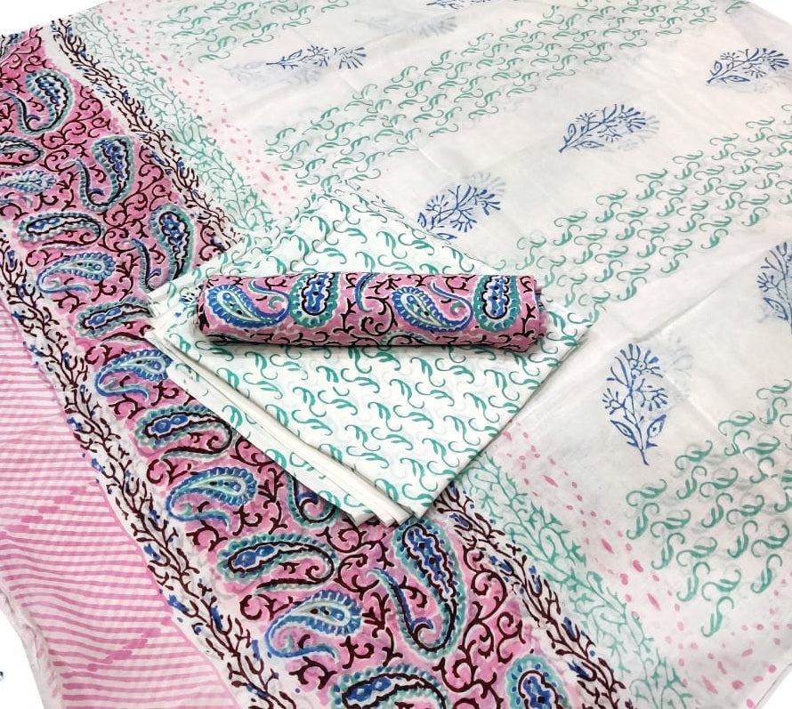 Pure Cotton Hand Block Printed Unstitched Salwar Suit Set With Cotton/Mulmul Dupatta - JBG219