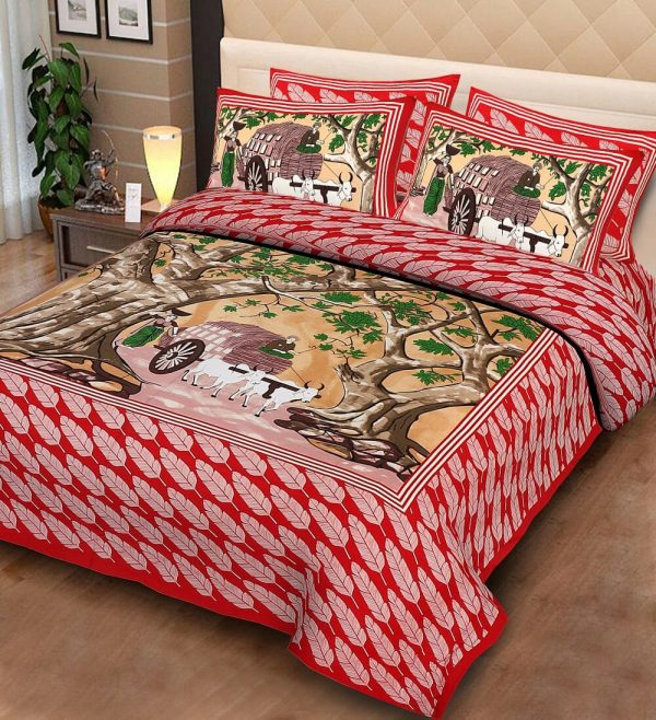 Red Village Pattern Cotton Double Bedsheet With Pillow Cover