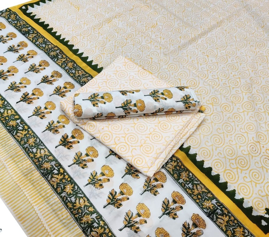 Hand Block Cotton Unstitched Salwar Suit With Cotton/Mulmul Dupatta - JBG214