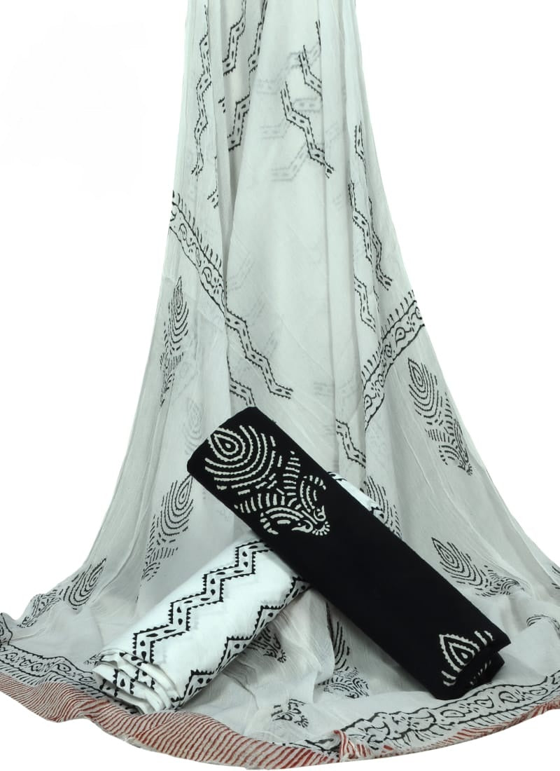 Hand Block Printed Pure Cotton Unstitched Suit With Chiffon Dupatta - JBGC146