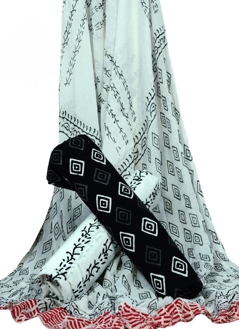 Hand Block Printed Pure Cotton Unstitched Suit With Chiffon Dupatta - JBGC144