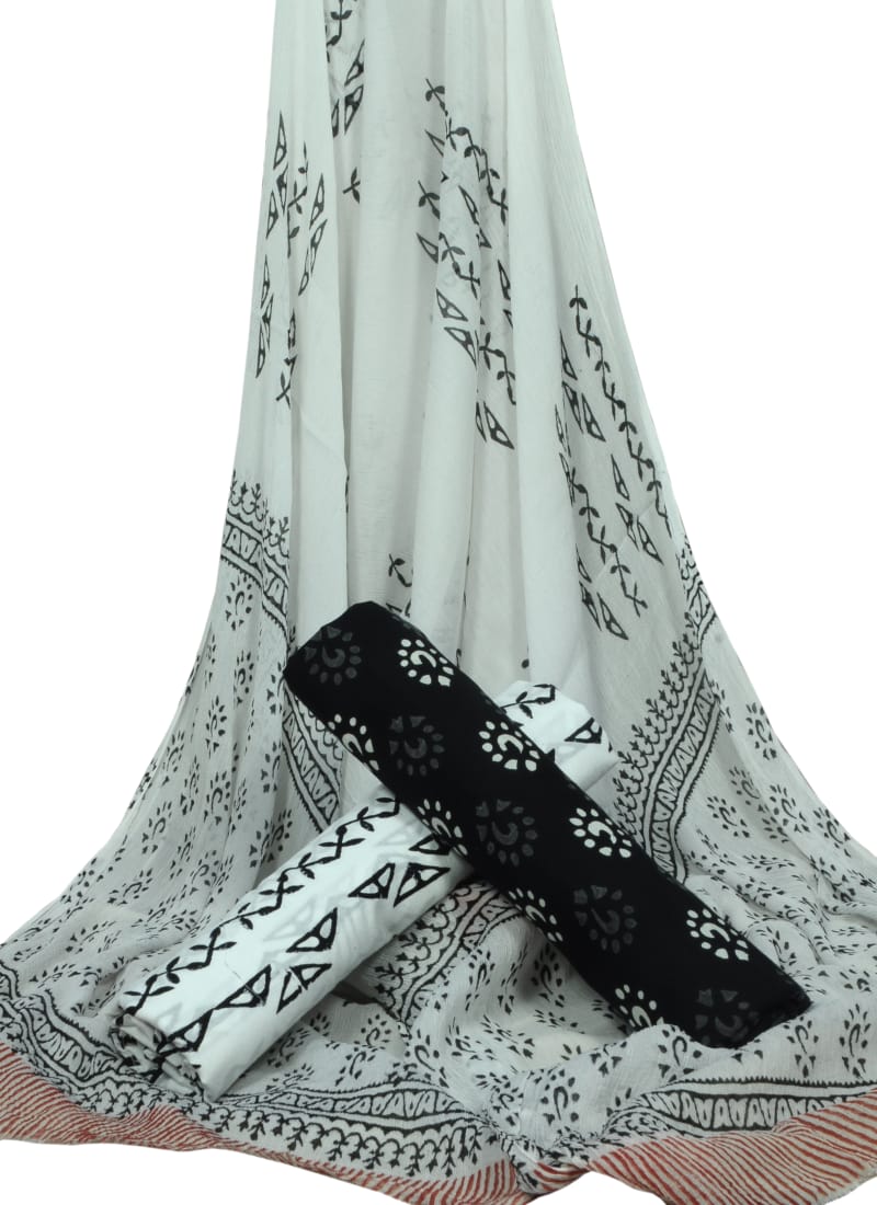 Cotton Unstitched Hand Block Printed Suit With Chiffon Dupatta - JBGC142