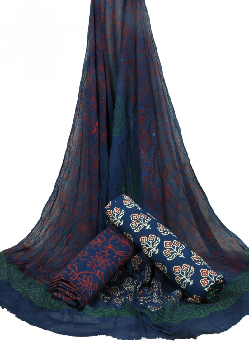 Cotton Unstitched Hand Block Printed Suit With Chiffon Dupatta - JBGC139