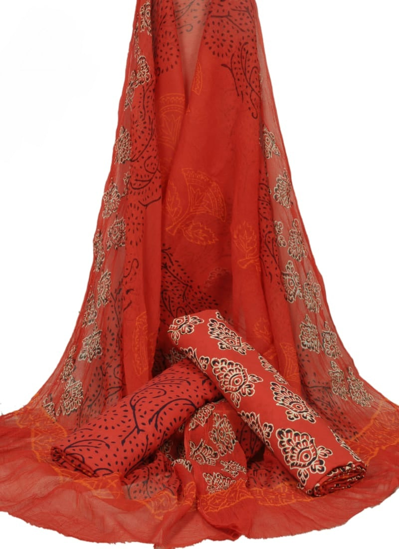 Hand Block Printed Pure Cotton Unstitched Suit With Chiffon Dupatta - JBGC138
