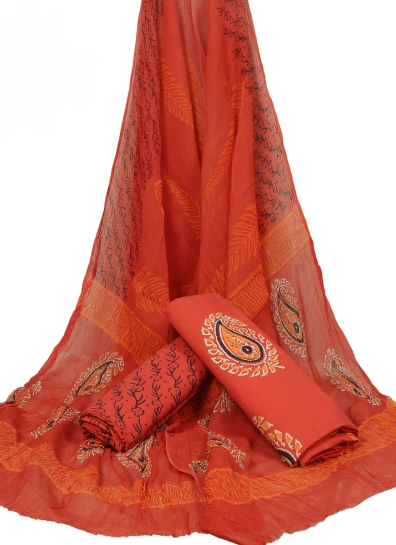 Pure Cotton Hand Block Printed Unstitched Suit With Chiffon Dupatta - JBGC137
